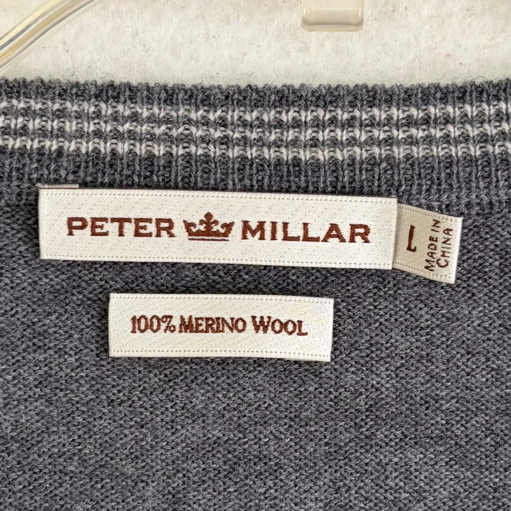 Peter Millar V-Neck Sweater Mens Large Grey 100% Merino Wool‎ Pullover Luxury